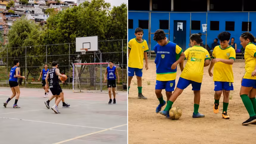 Crianças e adolescentes participando de atividades esportivas gratuitas em projetos da Prefeitura de Belo Horizonte