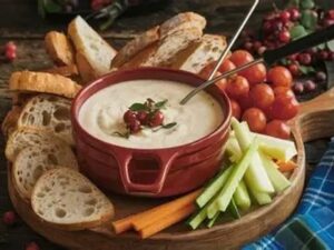 Panela de fondue de queijo com pão, tomate e vegetais em tábua de madeira.