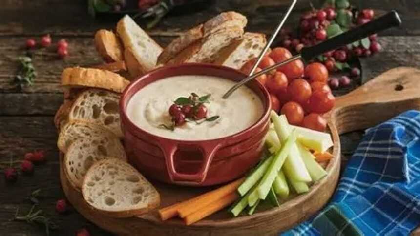 Panela de fondue de queijo com pão, tomate e vegetais em tábua de madeira.