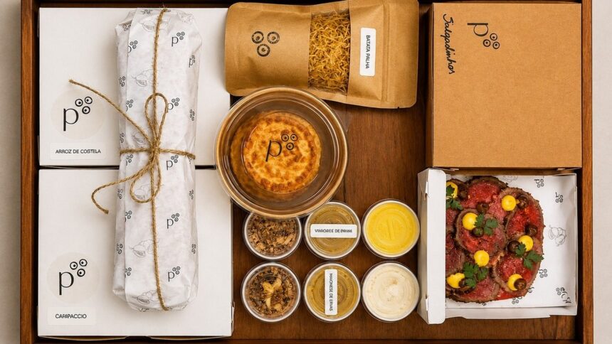 Kit de refeição do Pacato com carpaccio, arroz, batata palha, molhos e tortinhas.