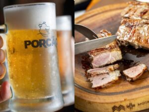 Caneca de chope Porcão e carne grelhada sendo fatiada em tábua de madeira.