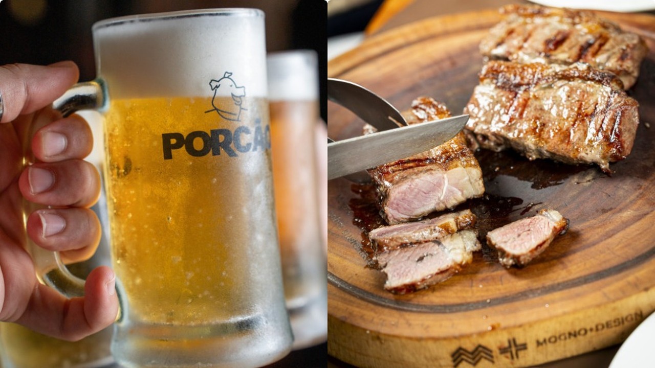 Caneca de chope Porcão e carne grelhada sendo fatiada em tábua de madeira.
