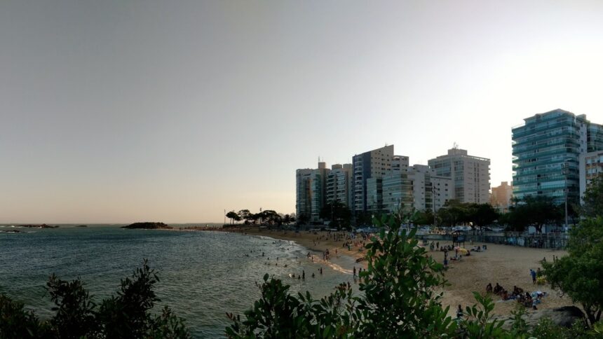 Praia urbana vista de cima com edifícios, pessoas na areia e no mar, e vegetação no primeiro plano.