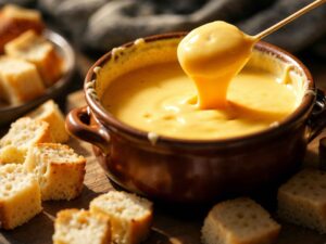 Panela de fondue de queijo com garfo levantando queijo cremoso, cercada por cubos de pão.