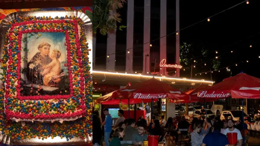Bolo de Santo Antônio gigante sendo servido em evento no Centro de Belo Horizonte no Dia dos Namorados, com pessoas na fila aguardando as fatias