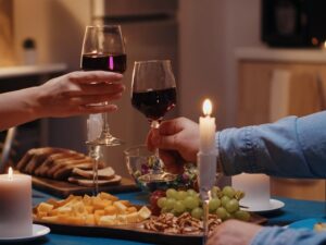 Mãos brindando com taças de vinho tinto, velas acesas e aperitivos em um jantar romântico.