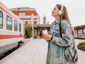 Mulher loira, fones brancos, jaqueta jeans, segurando copo de café, em estação de trem.