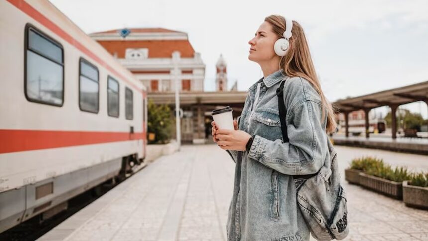 Mulher loira, fones brancos, jaqueta jeans, segurando copo de café, em estação de trem.
