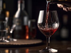 Mão despeja vinho tinto de garrafa em taça transparente. Fundo escuro desfocado.