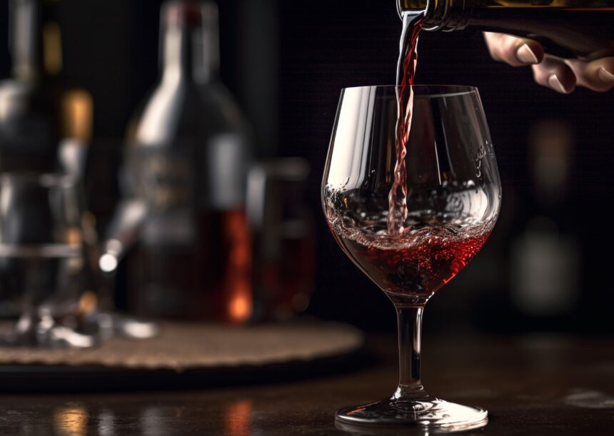 Mão despeja vinho tinto de garrafa em taça transparente. Fundo escuro desfocado.