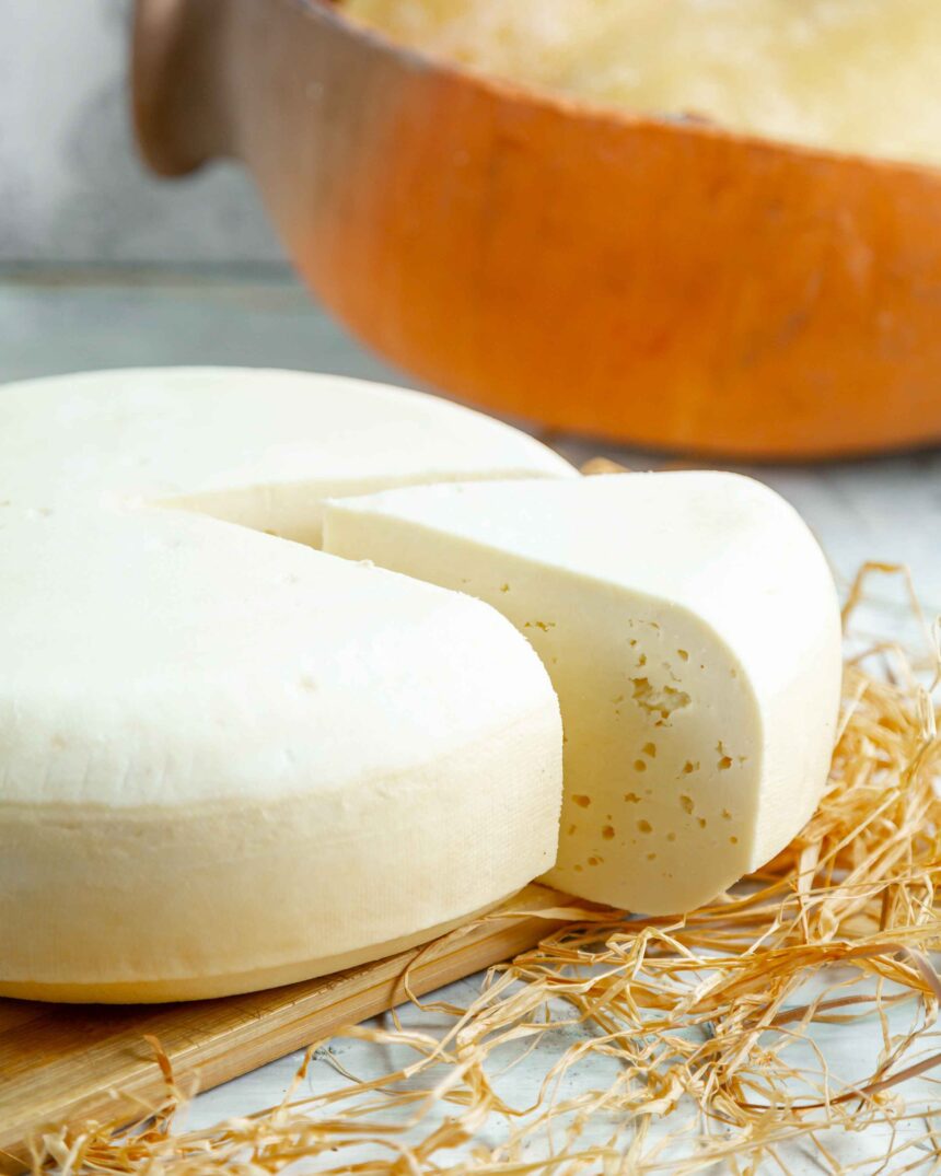 Queijo artesanal branco redondo com uma fatia cortada, sobre palha seca.