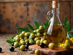 Garrafa de azeite de oliva e azeitonas verdes e pretas sobre tábua rústica de madeira