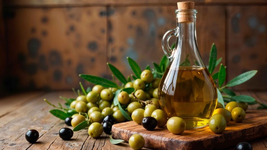 Garrafa de azeite de oliva e azeitonas verdes e pretas sobre tábua rústica de madeira
