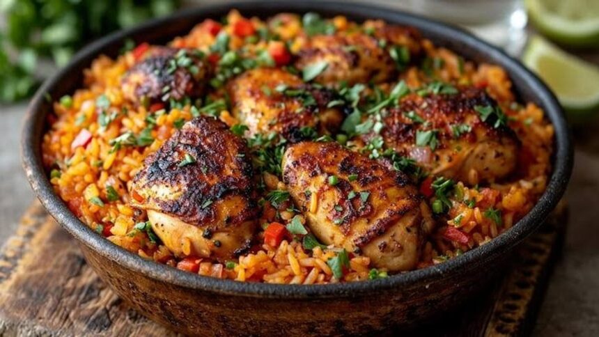 Galinhada pronta com pedaços de frango dourados, arroz alaranjado e cheiro-verde picado na panela