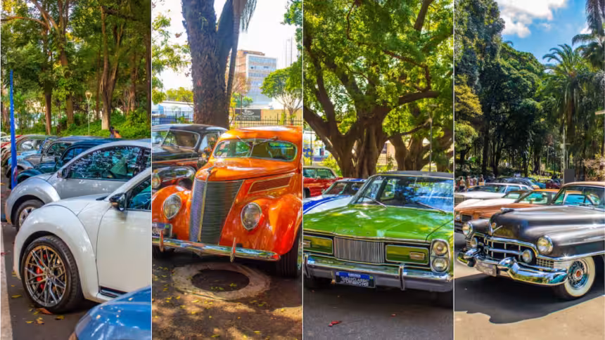 Quatro painéis exibem carros clássicos coloridos estacionados sob árvores em um parque