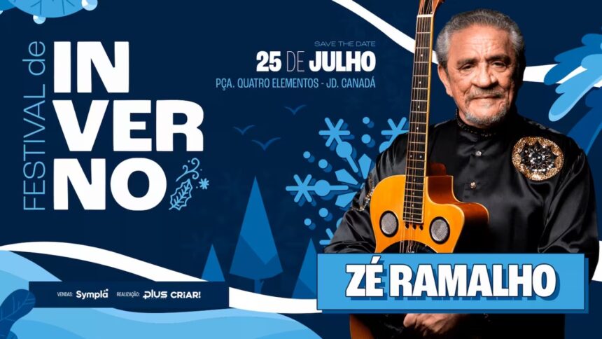 Cantor Zé Ramalho com violão. Poster Festival de Inverno, 25 de julho, Jardim Canadá