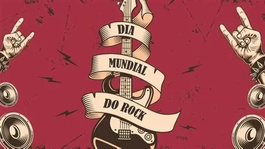 Ilustração de guitarra com 'DIA MUNDIAL DO ROCK', mãos 'rock on', e caixas de som