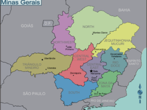 Minas Gerais, em destaque no mapa, guarda cidades com nomes que remetem a lugares distantes do mundo.