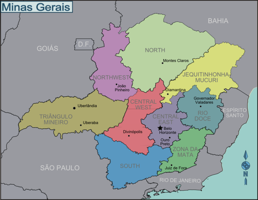 Minas Gerais, em destaque no mapa, guarda cidades com nomes que remetem a lugares distantes do mundo.