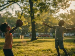 Três meninos negros brincam com uma bola de basquete em um parque com luz solar forte