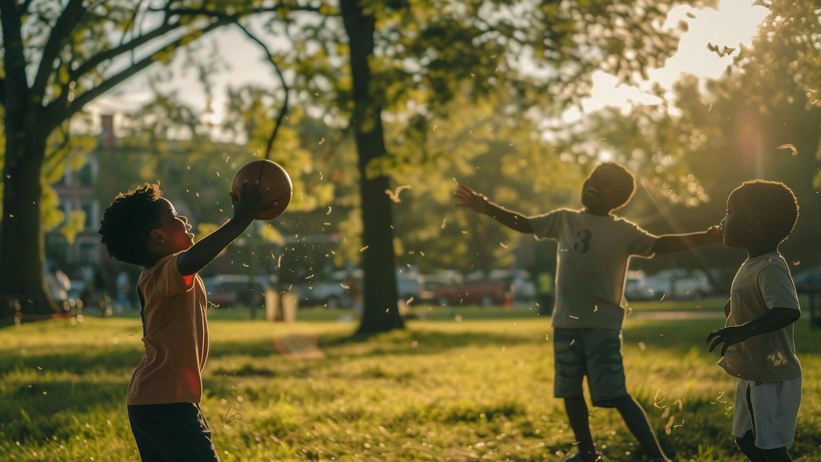 Três meninos negros brincam com uma bola de basquete em um parque com luz solar forte