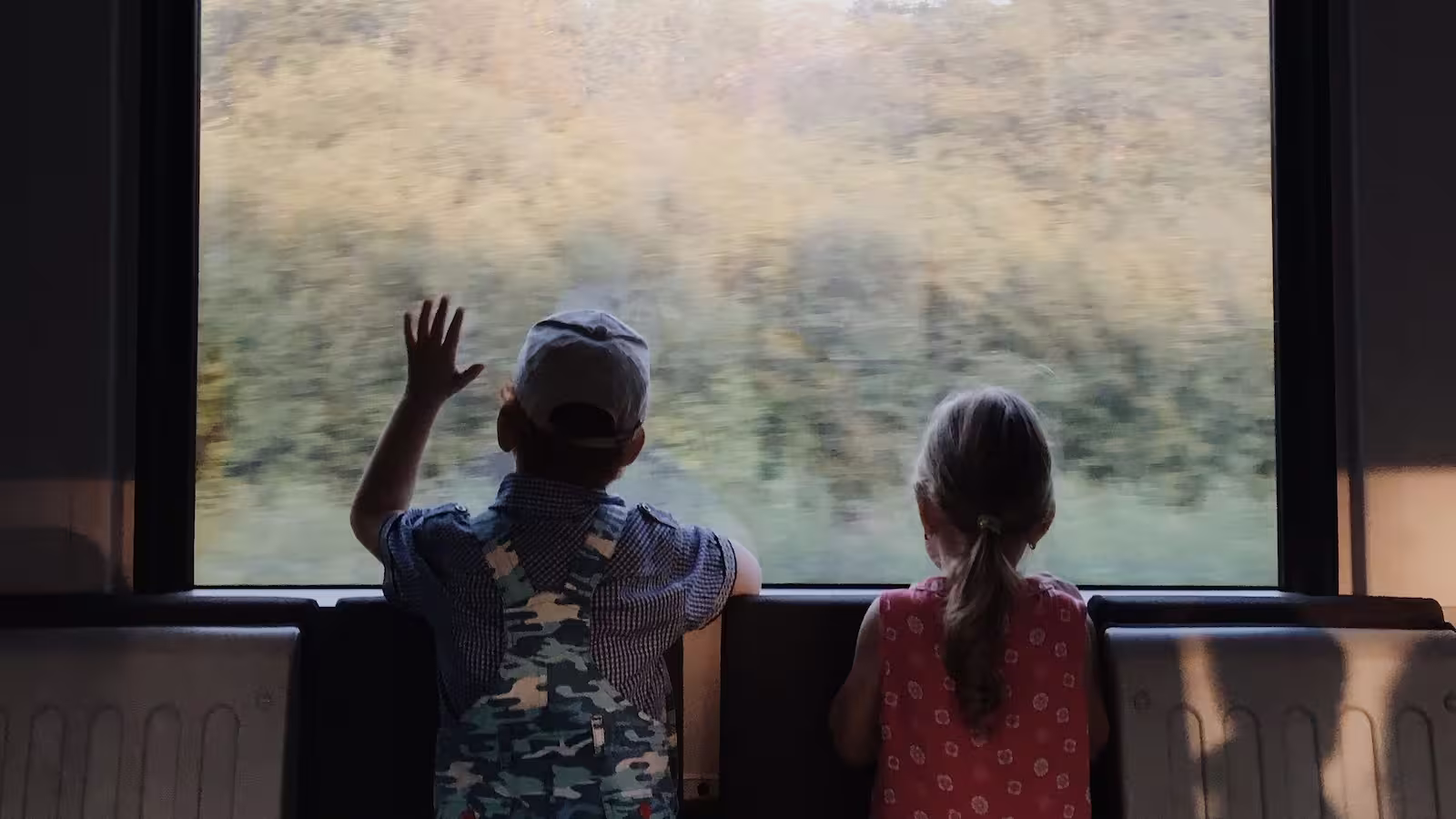 Duas crianças, vistas por trás, olham a paisagem borrada pela janela de um trem em movimento.