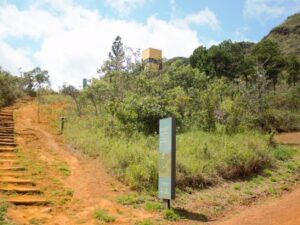 Caminho de terra vermelha se bifurca com escadas à esquerda, placa de sinalização e vegetação na serra