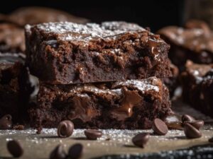 Brownies empilhados com açúcar de confeiteiro, chocolate derretido e gotas de chocolate na mesa
