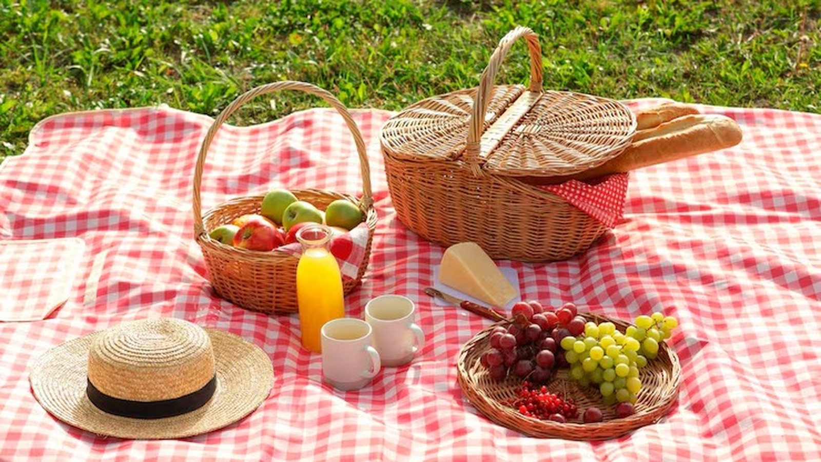Piquenique com cestas, frutas, pão, suco, queijo, chapéu em toalha xadrez na grama