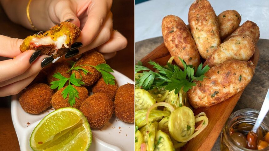 Mãos seguram bolinho frito com recheio de queijo. Ao lado, bolinhos de arroz, conserva de abobrinha