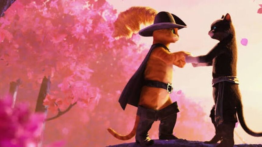 Gato de Botas e Kitty Pata-Mansa seguram as patas entre árvores com flores rosas