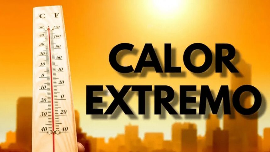 Termômetro marcando temperatura elevada, com fundo laranja e texto 'CALOR EXTREMO' à direita
