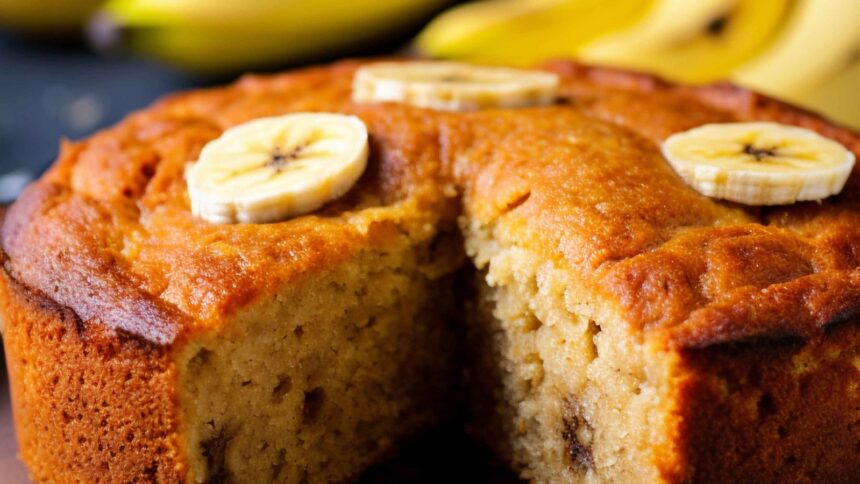 Um bolo de banana redondo e dourado, decorado com rodelas de banana e uma fatia retirada