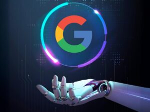 Mão robótica branca segura o logotipo colorido do Google em um círculo neon futurista, fundo tecnológico
