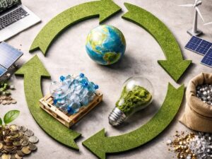 Diagrama circular verde com globo, laptop, painéis solares, garrafas, lâmpada e turbinas eólicas
