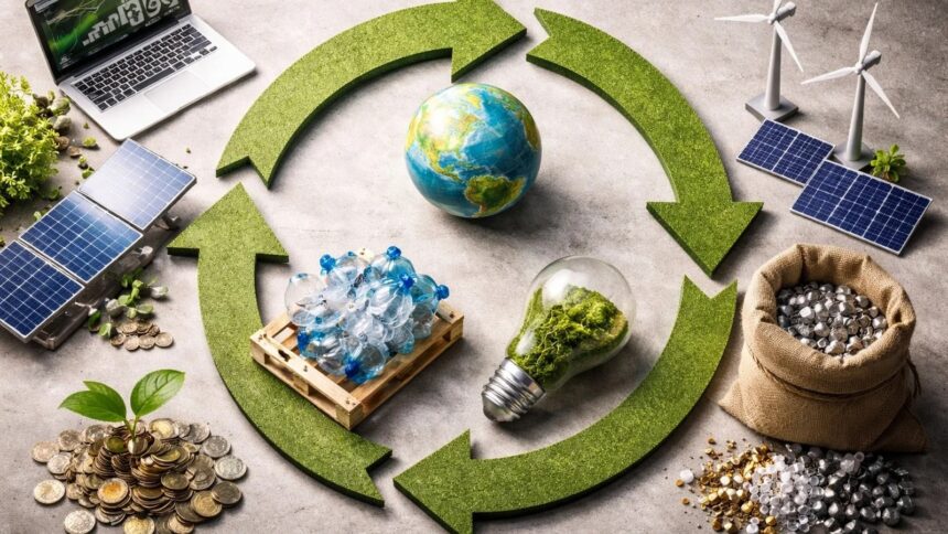 Diagrama circular verde com globo, laptop, painéis solares, garrafas, lâmpada e turbinas eólicas