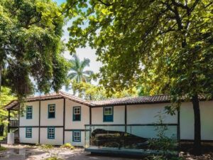Fachada de um casarão branco e azul cercado por árvores frondosas sob o céu claro