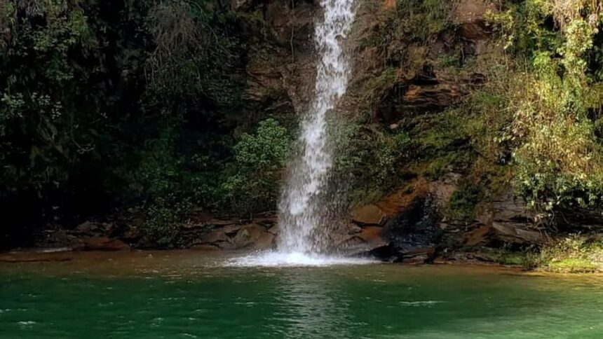 Cachoeira em rocha com vegetação verde abundante, desaguando em poço de água esverdeada