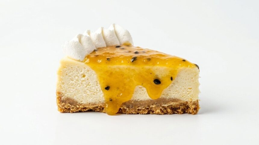 Fatia de sobremesa de maracujá com creme branco, base de biscoito e cobertura amarela com sementes da fruta.