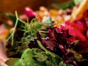 Salada colorida com folhas verdes e roxas, e ingredientes mistos em fundo desfocado