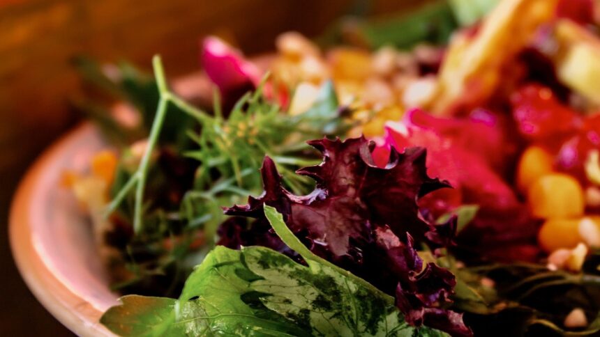 Salada colorida com folhas verdes e roxas, e ingredientes mistos em fundo desfocado