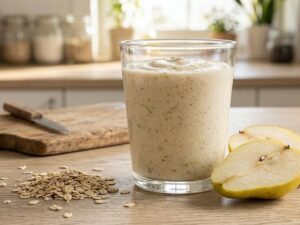 Smoothie de pera e aveia no copo, aveia, pera cortada em mesa de madeira