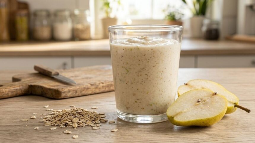 Smoothie de pera e aveia no copo, aveia, pera cortada em mesa de madeira