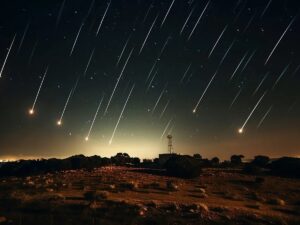Céu noturno com múltiplos rastros de meteoros sobre paisagem árida com torre e luzes ao longe