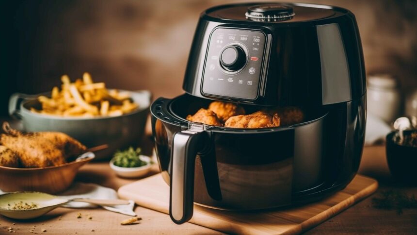 Airfryer preta com frango, display digital 18:00 e 200, batatas fritas e frango desfocados