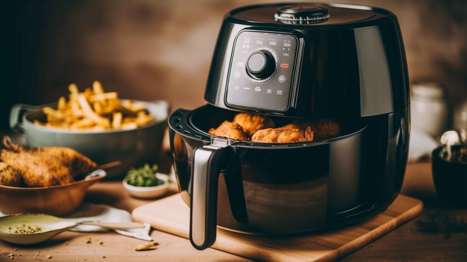 Airfryer preta com frango, display digital 18:00 e 200, batatas fritas e frango desfocados