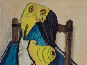 Pintura abstrata de um rosto em estilo cubista com tons de amarelo, azul, preto e branco
