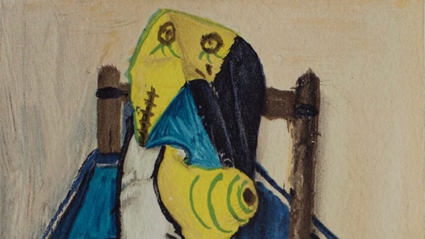 Pintura abstrata de um rosto em estilo cubista com tons de amarelo, azul, preto e branco
