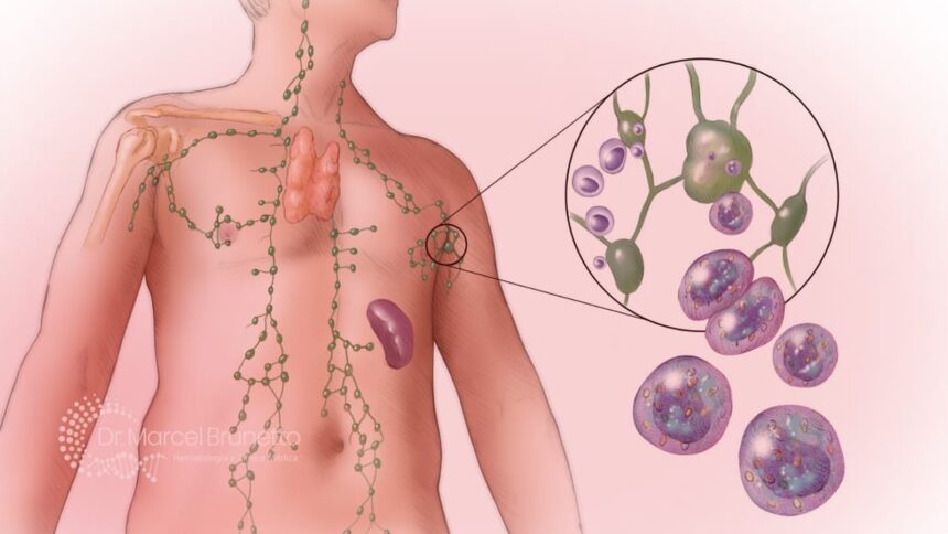 Ilustração médica do sistema linfático, linfonodos e células de linfoma. Logo: Dr. Marcel Brunetto Hematologia