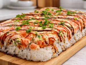 Sushi de preguiçoso retangular com camadas de arroz, salmão, cream cheese, molho tarê e cebolinha